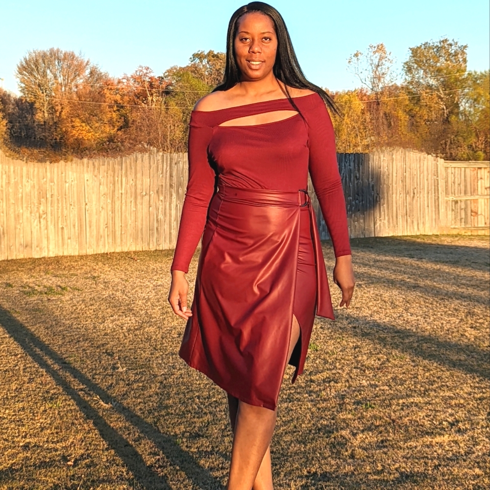 Plus Size Dress in Burgundy (Half Top, Half Faux Leather Skirt)